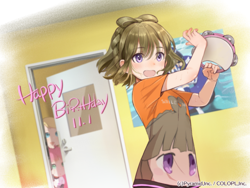 3girls, alice_gear_aegis, blonde_hair, blue_eyes, bow, brown_hair, company_name, door