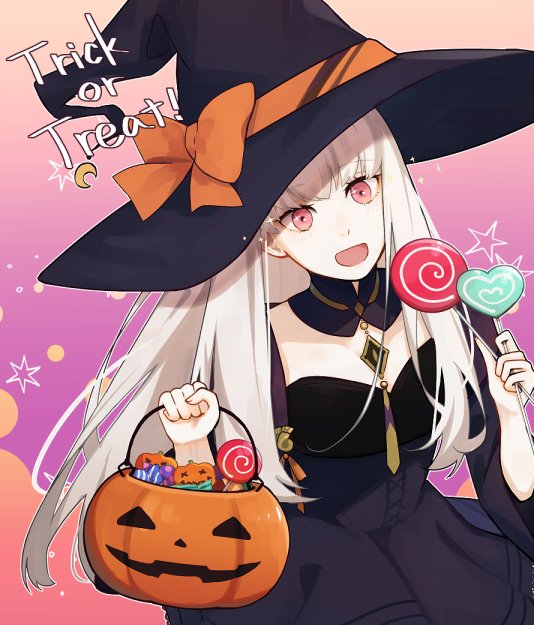 1girl, candy, cat, dress, fire_emblem, fire_emblem:_three_houses, food, halloween_basket, hat, holding, holding_lollipop, lollipop, long_hair, lysithea_von_ordelia, pink_eyes, same2725, solo, trick_or_treat, white_hair, witch_costume, witch_hat
