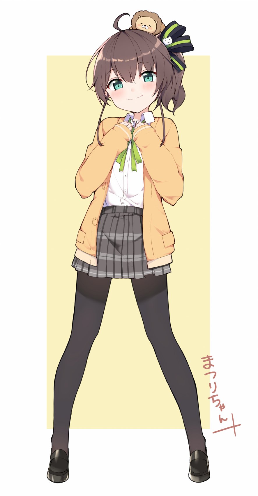 1girl, ahoge, alternate_costume, blush, brown_hair, ebi_frion_(matsuri_channel), full_body, green_eyes
