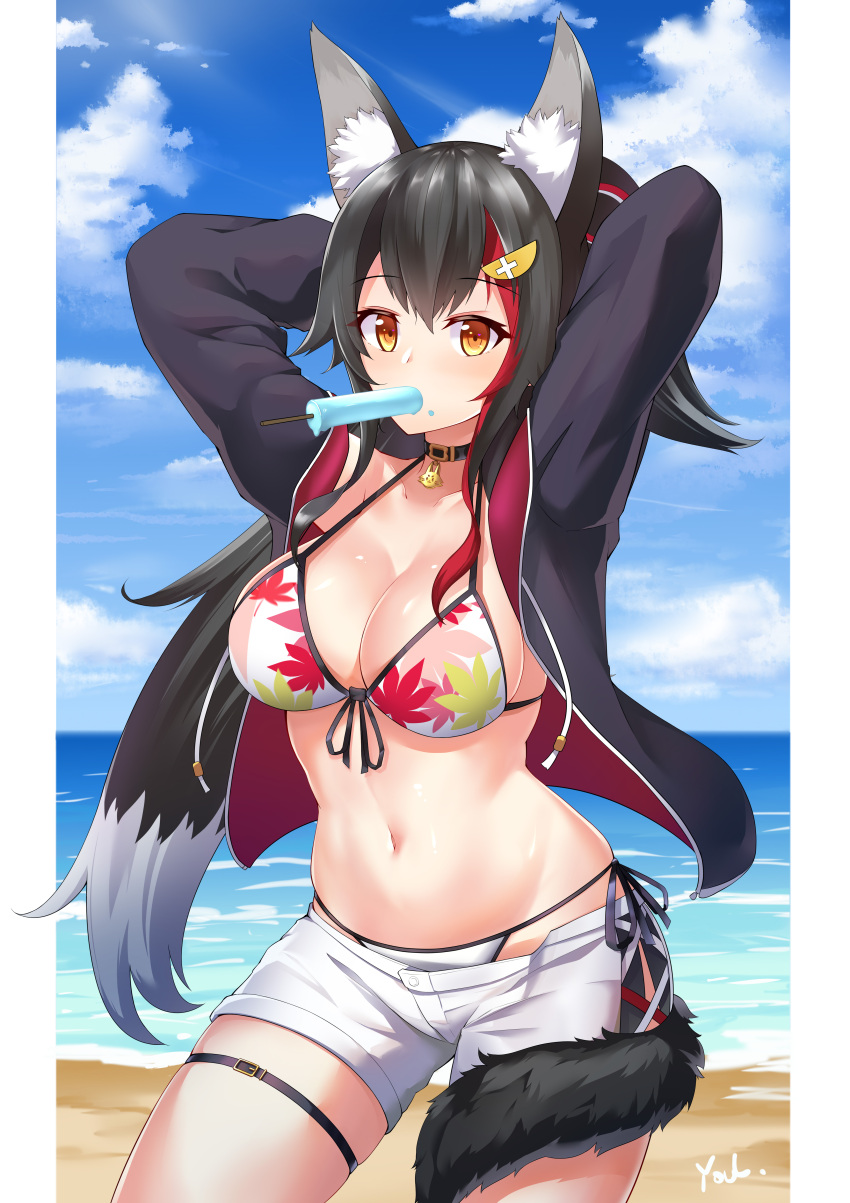 1girl, absurdres, animal_ear_fluff, animal_ears, arms_behind_head, artist_name, beach, bikini