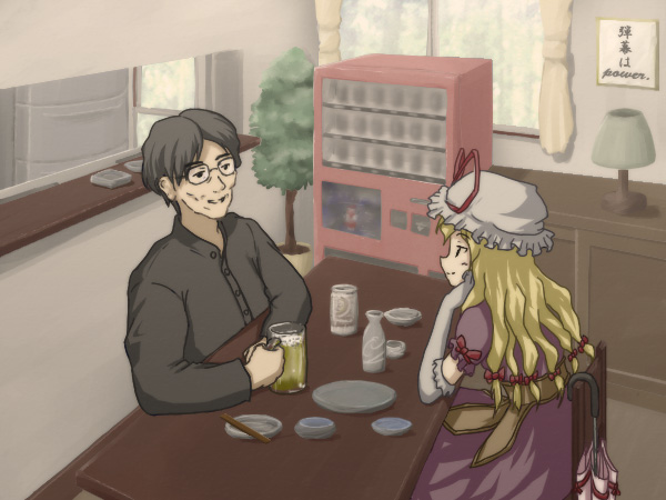 black_hair, blonde_hair, glasses, hat, long_hair, ribbon, ribbons, ryogo