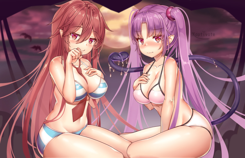 2girls, artist_name, bangs, bare_shoulders, bat, bikini, black_tail, blue_bikini, blush, breasts, collarbone, commentary_request, copyright_request, demon_girl, demon_tail, eyebrows_visible_through_hair, hair_between_eyes, kaptivate, large_breasts, long_hair, looking_at_viewer, moon, multiple_girls, navel, necktie, pointy_ears, red_neckwear, redhead, smile, striped, striped_bikini, succubus, swimsuit, tail, tali, twintails, very_long_hair, wavy_mouth, white_bikini