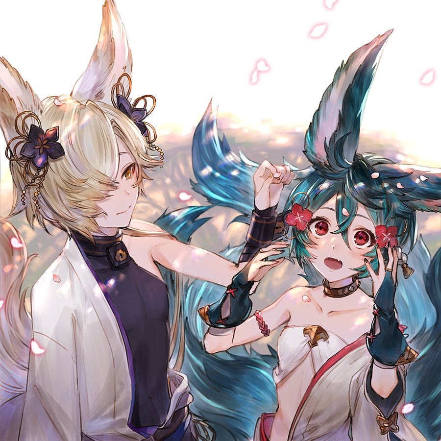 1boy, 1girl, animal_ears, backless_outfit, blue_hair, brown_eyes, choker, erune