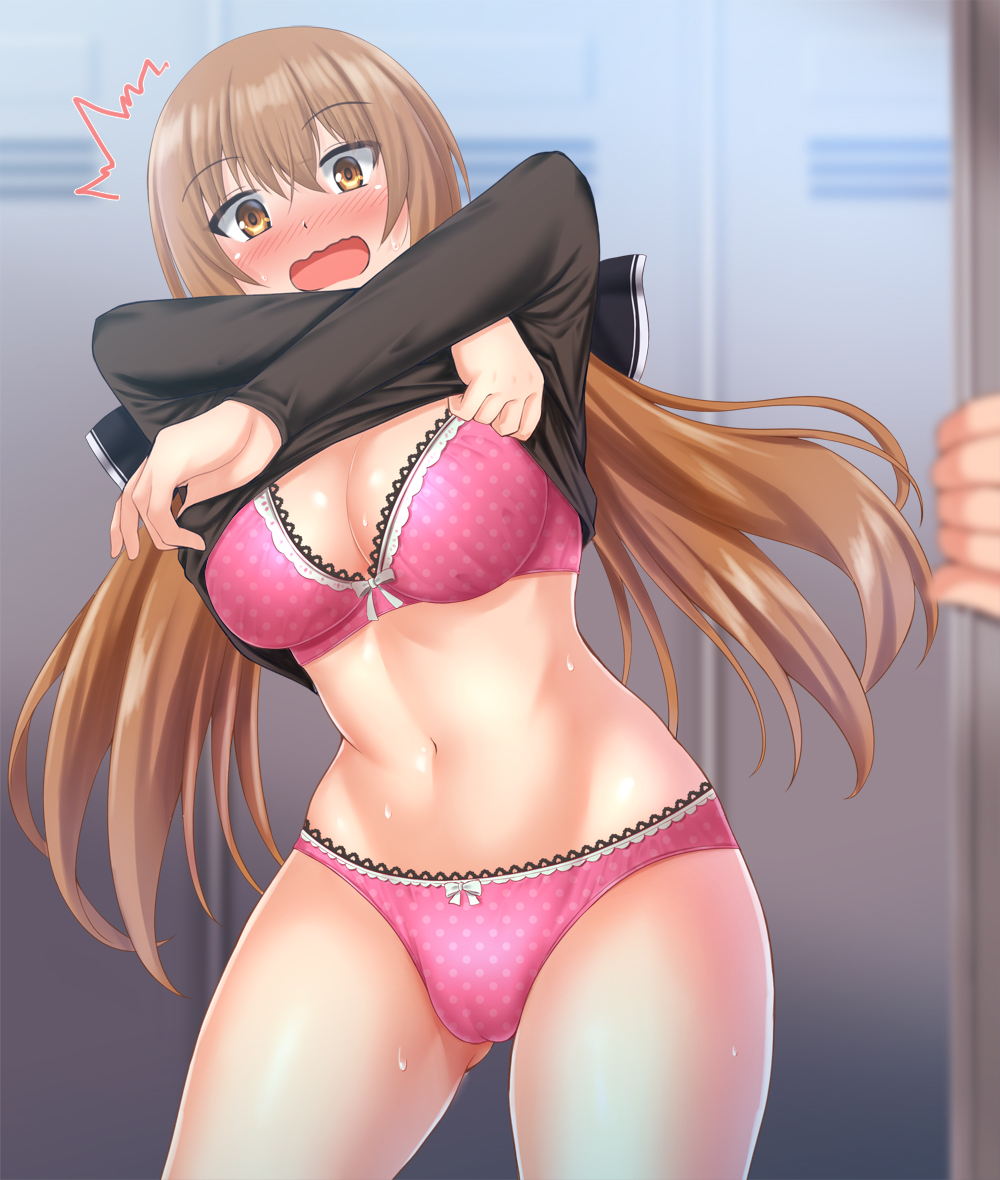 1girl, black_bow, black_shirt, blush, bow, bra, breasts, brown_eyes