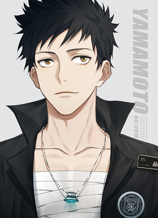 1boy, 954740837, bandages, black_hair, brown_eyes, character_name, closed_mouth, collar