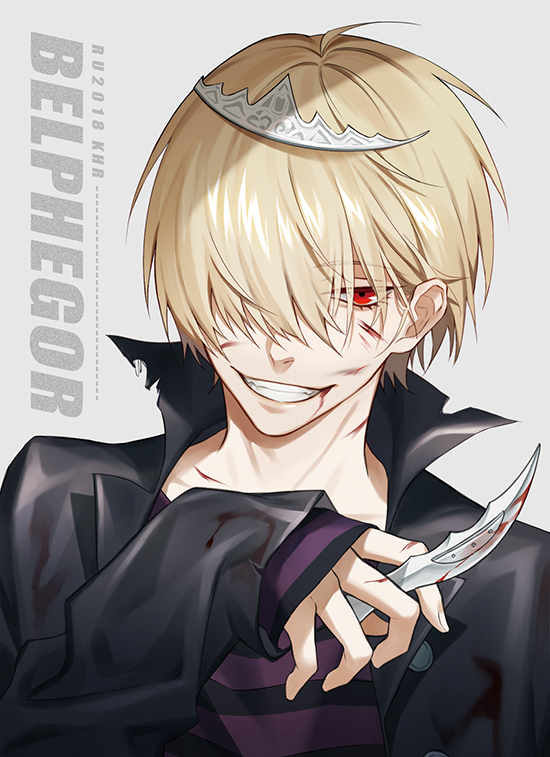 1boy, 954740837, bangs, belphegor_(reborn), blonde_hair, blood, blood_on_face, bloody_clothes