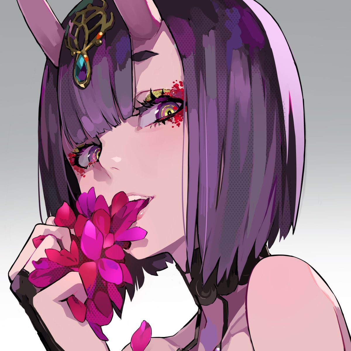 1girl, bangs, bare_shoulders, blunt_bangs, bob_cut, collarbone, eyelashes, eyeshadow