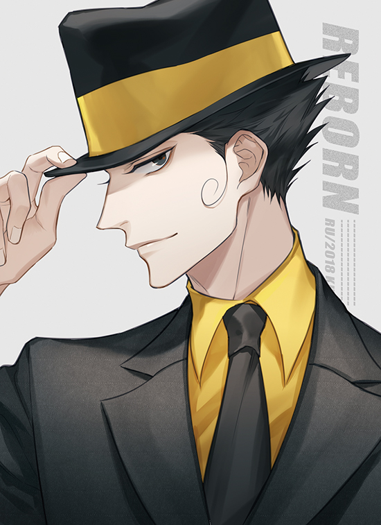 1boy, 954740837, black_hair, black_headwear, black_jacket, black_neckwear, character_name, closed_mouth