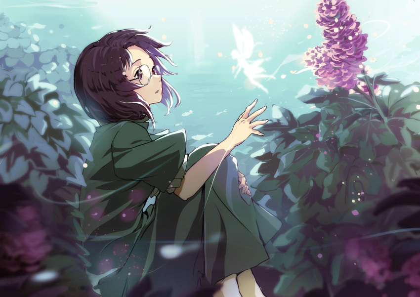 1girl, bangs, blue_sky, brown_hair, contest, day, dewitri, fairy, fantasy, flower, glasses, green_skirt, hand_up, highres, leg_hug, looking_to_the_side, original, outdoors, parted_bangs, plant, short_hair, short_sleeves, silhouette, sitting, skirt, sky, solo