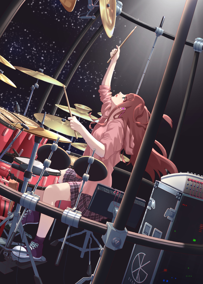 1girl, absurdres, akabane_youko, brown_hair, cymbals, dark_background, drum, drum_set