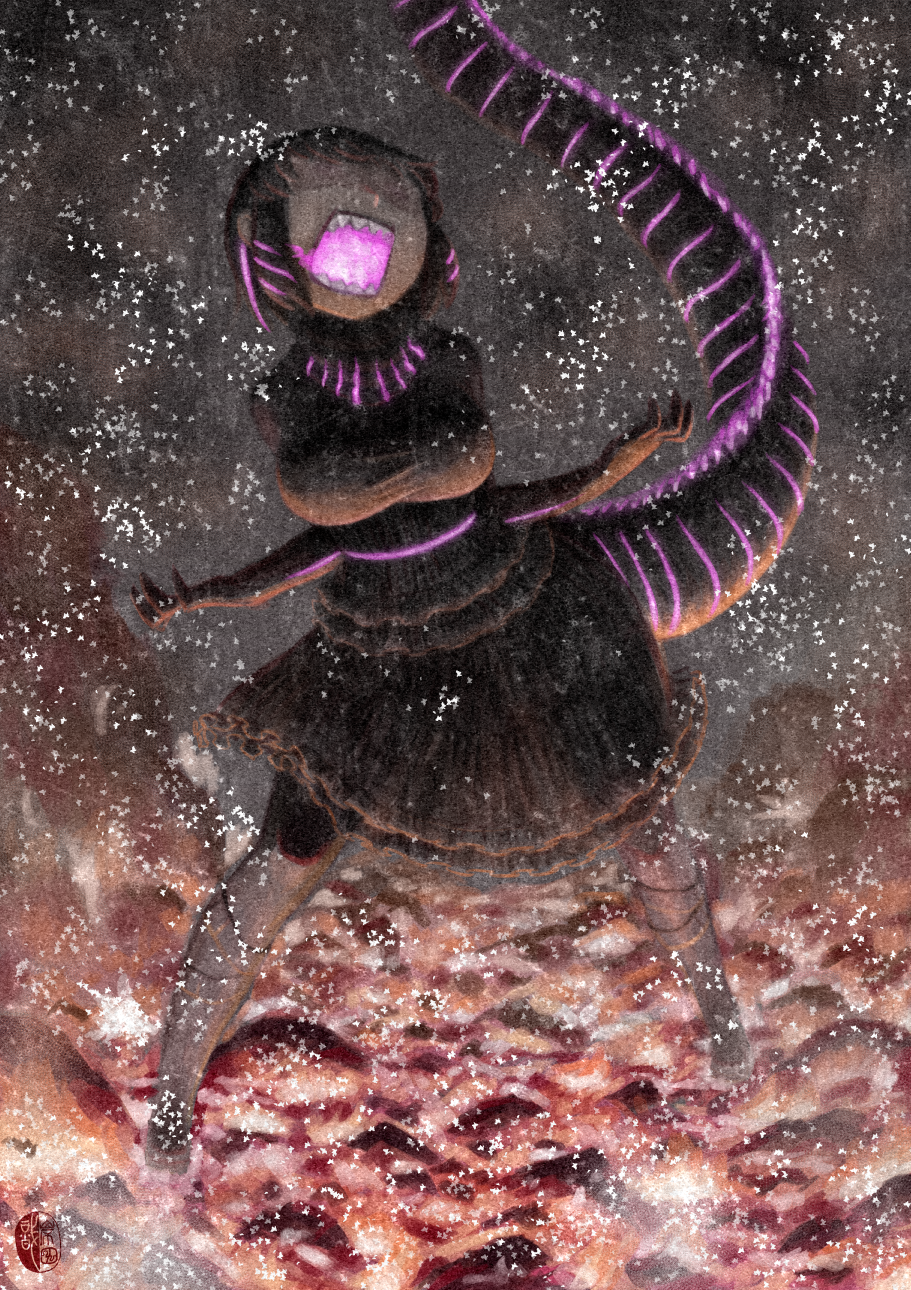 1girl, bioluminescence, black_hair, boots, breasts, commentary_request, dress, embers