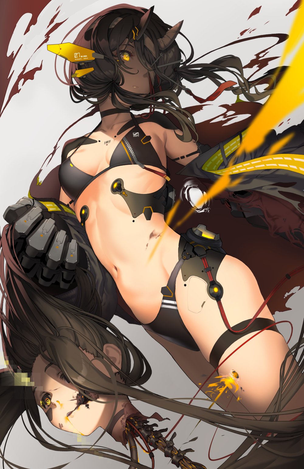 2girls, android, breasts, brown_hair, bullet_hole, cable, choker, damaged, decapitation, expressionless, hair_over_one_eye, highres, horns, jacket, long_hair, mechanical_ears, mechanical_horns, multiple_girls, navel, off_shoulder, original, oversized_forearms, oversized_limbs, parts_exposed, revealing_clothes, severed_head, small_breasts, torn_clothes, yellow_eyes, zenmaibook