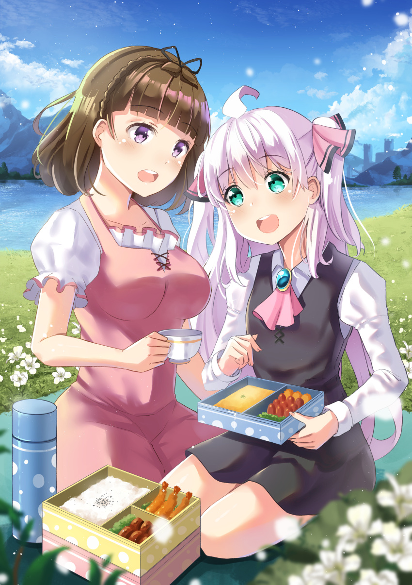 2girls, :d, absurdres, ahoge, ascot, bangs, black_dress, black_ribbon