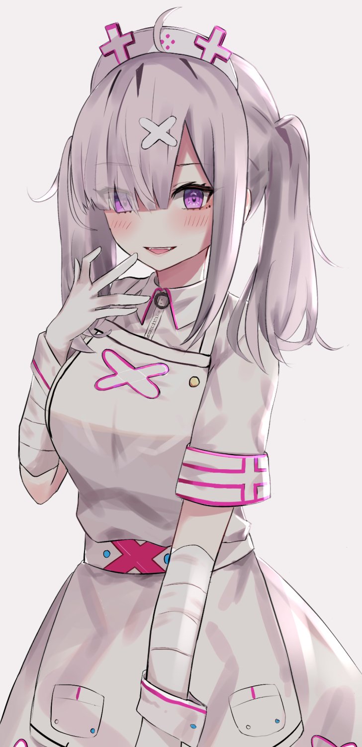 1girl, 1revy, ahoge, apron, bandaged_arm, bandages, bangs, belt
