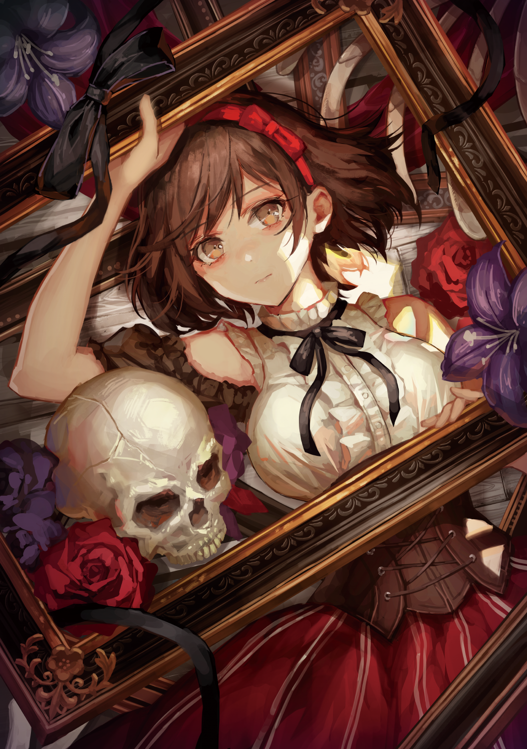 1girl, bangs, bed_sheet, black_bow, bow, breasts, brown_eyes, brown_hair