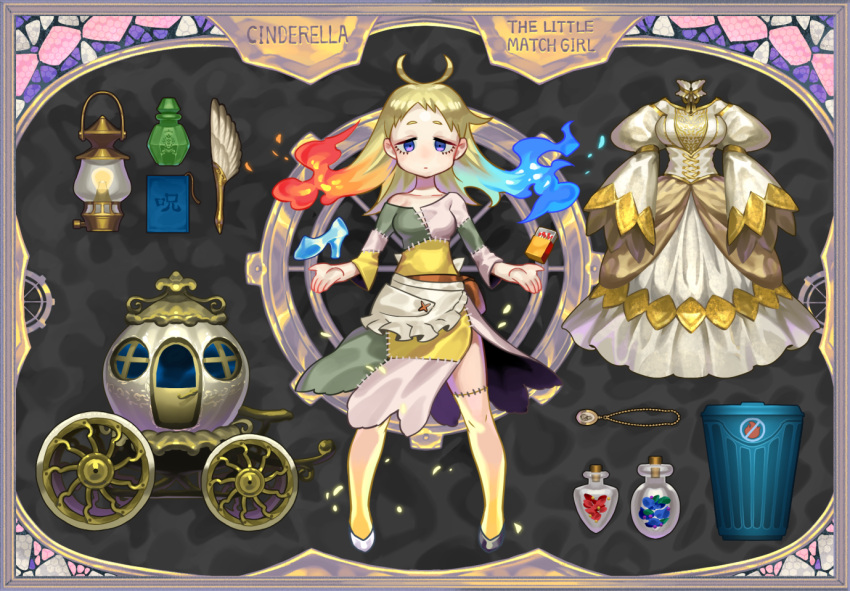 1girl, antenna_hair, apron, asymmetrical_clothes, bare_shoulders, black_footwear, blonde_hair, blue_eyes, blue_fire, book, border, bottle, carriage, cinderella, cinderella_(grimm), copyright_name, dress, english_text, fiery_hair, fire, floating, floating_hair, floating_object, full_body, glass_slipper, jewelry, jewelry_removed, lantern, levitation, little_match_girl, long_hair, long_sleeves, looking_at_viewer, matchbox, matches, matchgirl, mismatched_footwear, multicolored_hair, necklace, necklace_removed, no_fire, nowaki_nakasane, off_shoulder, open_hands, outstretched_hand, perfume_bottle, quill, side_slit, solo, split_theme, stained_glass, stitches, tareme, trash_can, violet_eyes, waist_apron, wheel, white_apron, white_dress, white_footwear