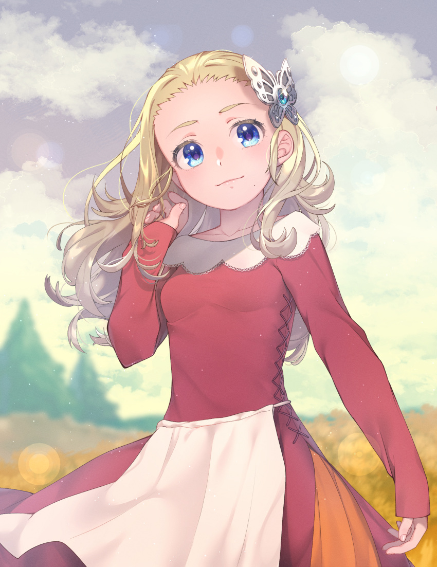1girl, absurdres, anlucea, apron, arm_at_side, blonde_hair, blue_eyes, blurry