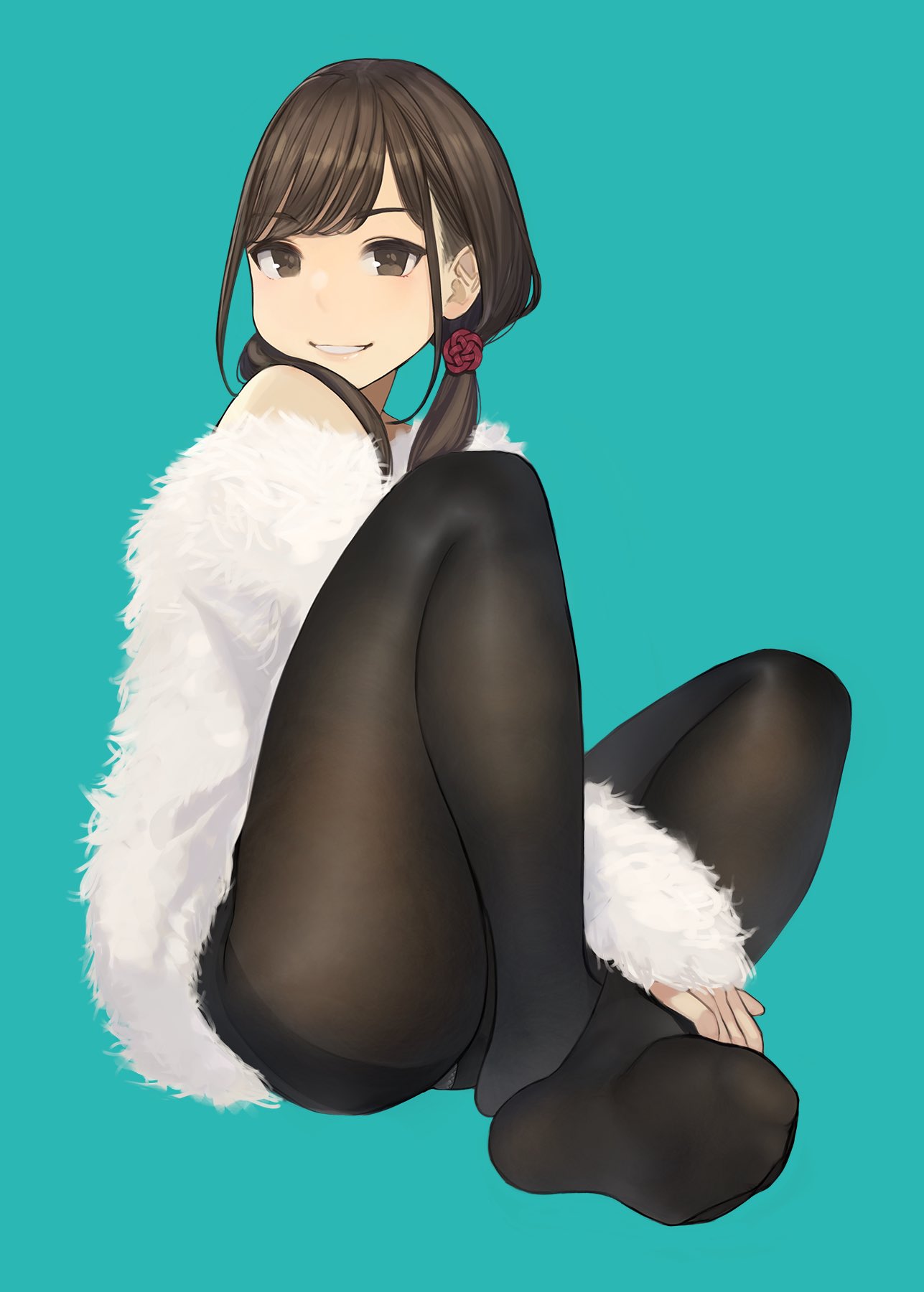 1girl, aqua_background, bangs, black_legwear, brown_eyes, brown_hair, eyebrows_visible_through_hair, feet, full_body, fur_sweater, grin, hair_ornament, hair_over_shoulder, highres, long_hair, looking_at_viewer, original, panties, panties_under_pantyhose, pantyhose, sidelocks, simple_background, sitting, smile, solo, underwear, white_panties, yomu_(sgt_epper)