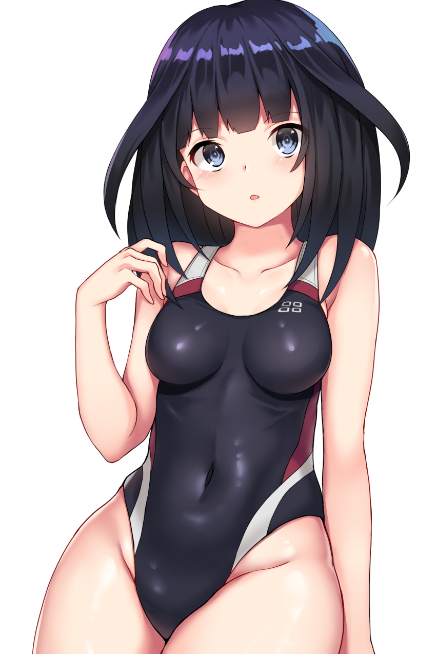 1girl, agatsuma_kaede, alice_gear_aegis, arm_warmers, bangs, black_hair, black_swimsuit, blue_eyes, blunt_bangs, breasts, competition_swimsuit, covered_navel, cowboy_shot, highres, impossible_clothes, impossible_swimsuit, long_hair, looking_at_viewer, nene_(hong_kong), one-piece_swimsuit, simple_background, sitting, small_breasts, solo, swimsuit, white_background