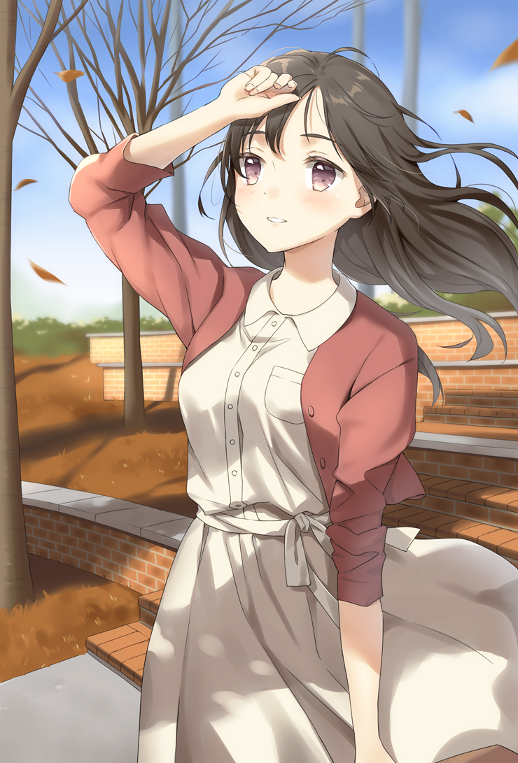 1girl, arm_at_side, arm_up, bare_tree, black_hair, blowing_leaves, blue_sky, blurry