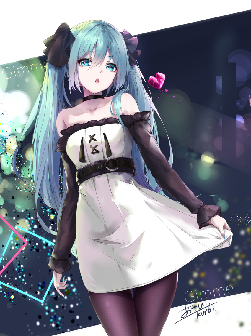 1girl, aqua_eyes, aqua_hair, aqua_nails, bare_shoulders, black_sleeves, blurry, bokeh