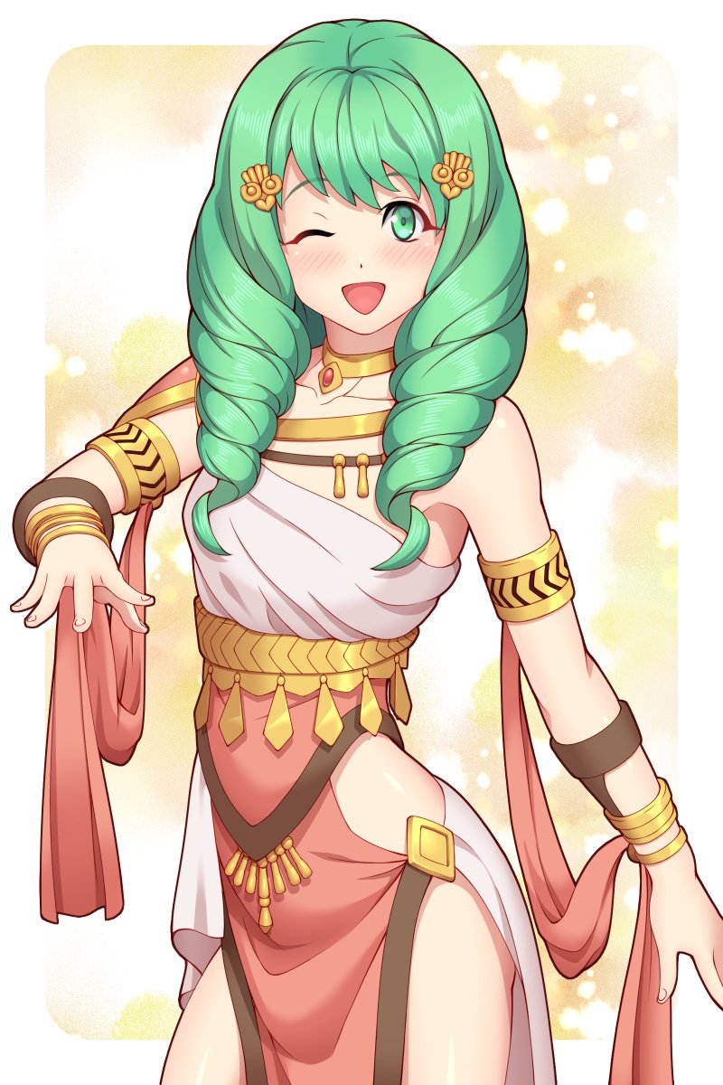 1girl, armlet, bracelet, cute, dancer, dress, fire_emblem, fire_emblem:_three_houses, fire_emblem:_three_houses, fire_emblem_16, flayn_(fire_emblem), green_eyes, green_hair, hair_ornament, highres, intelligent_systems, jewelry, koei_tecmo, loli, long_hair, moe, nintendo, one_eye_closed, open_mouth, rere_(yusuke), solo