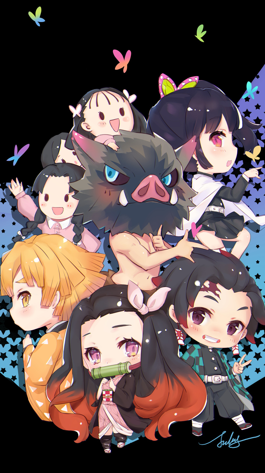 3boys, 5girls, :d, \m/, absurdres, agatsuma_zenitsu, bamboo, bangs