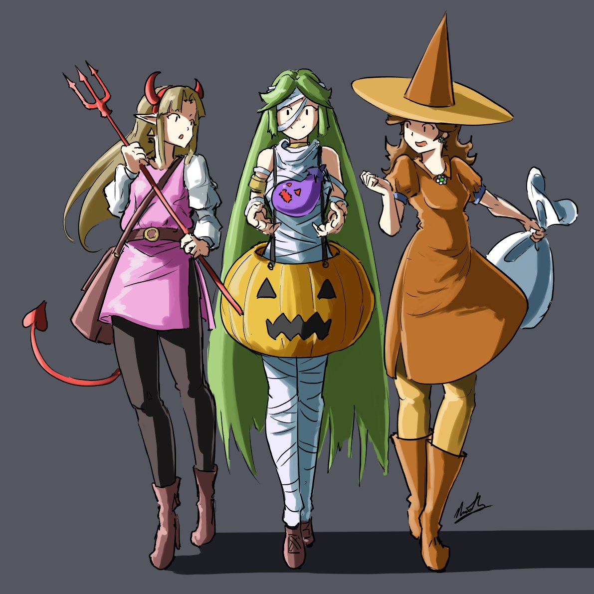 3girls, adult, artist_name, automatic_giraffe, bag, boots, daisy, devil_horns
