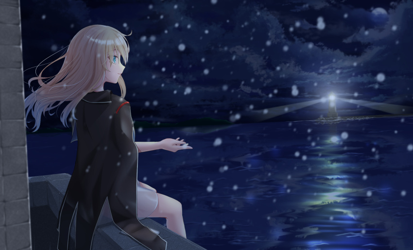 black_coat, blue_eyes, breasts, clouds, cloudy_sky, hands, highres, large_breasts, lighthouse, long_hair, lux_(pixiv4480548), moon, night, night_sky, ocean, shirt, silver_hair, sitting, sky, snow, warship_girls_r