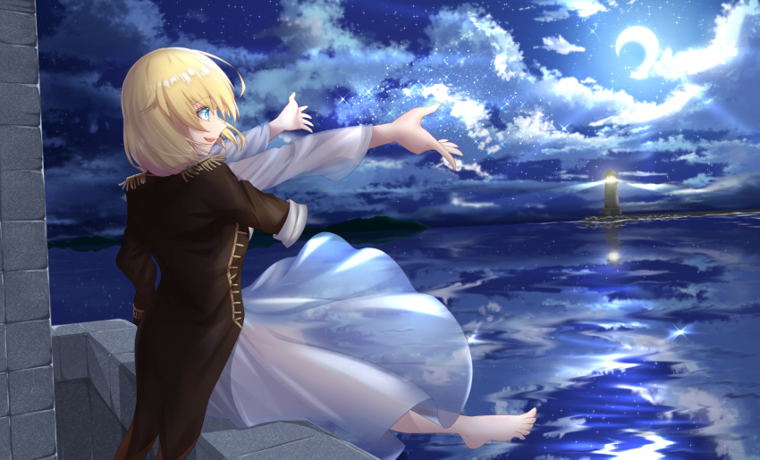 barefoot, black_coat, blonde_hair, blue_eyes, breasts, large_breasts, lighthouse, lux_(pixiv4480548)