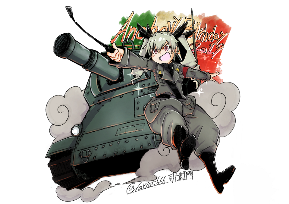 anchovy, anzio_military_uniform, artist_name, bangs, belt, black_neckwear, black_ribbon, boots