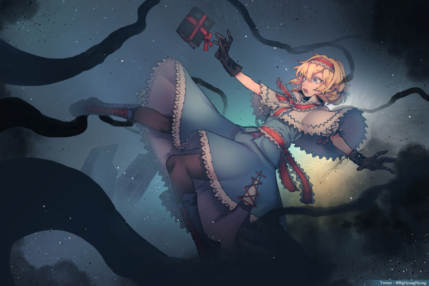 1girl, absurdres, alice_margatroid, artist_name, black_gloves, black_legwear, blonde_hair, blue_background