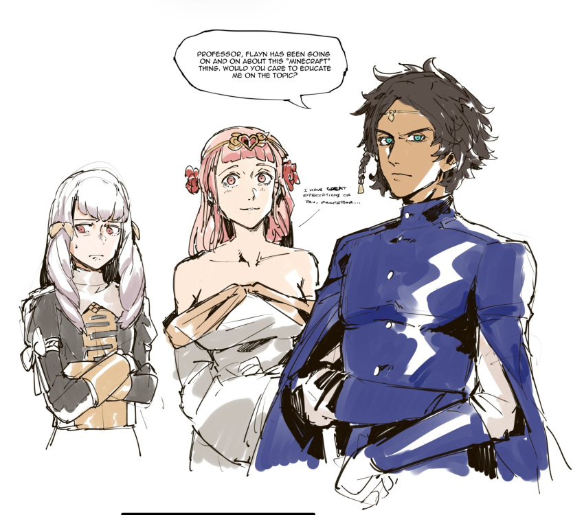 1boy, 2girls, claude_von_riegan, cosplay, dark_skin, dark_skinned_male, fire_emblem, fire_emblem:_three_houses