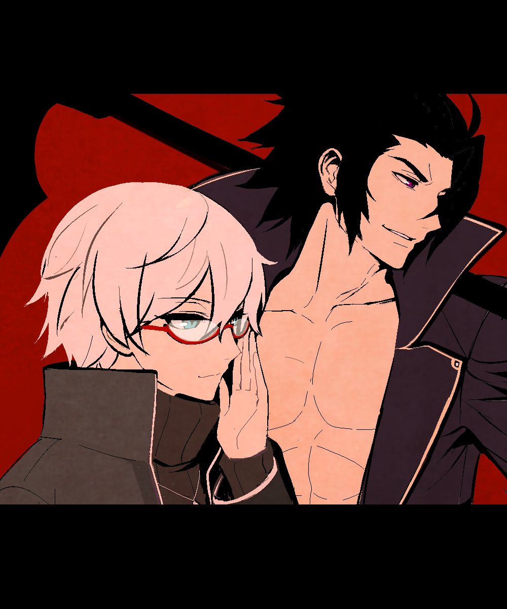 2boys, abs, adjusting_eyewear, amulet, bangs, bare_chest, black_hair, blue_eyes
