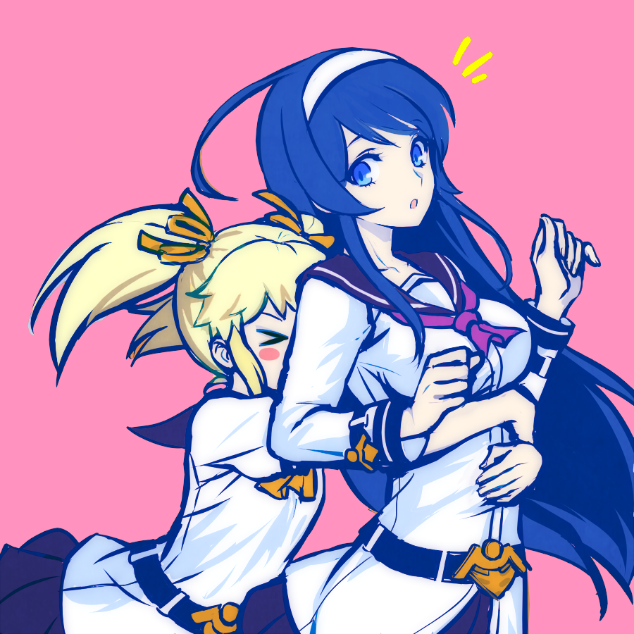 >_<, 2girls, ahoge, bangs, blonde_hair, blue_eyes, blue_hair, breasts