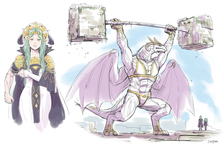 1boy, 2girls, artist_name, commentary, dragon, dragon_horns, dragon_wings, dress, fire_emblem, fire_emblem:_three_houses, flayn_(fire_emblem), green_eyes, green_hair, headdress, highres, horns, lifting, long_hair, looking_at_viewer, multiple_girls, muscle, muscular_female, rhea_(fire_emblem), ring_fit_adventure, seteth_(fire_emblem), short_hair, sleeve_rolled_up, spoilers, sports_bra, stup-jam, the_immaculate_one, weightlifting, weights, white_dress, wings