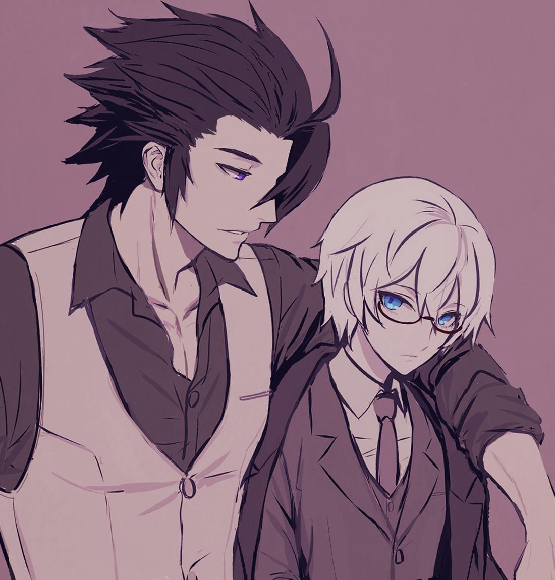 2boys, ahoge, bangs, bartender, black_hair, blue_eyes, chaos_(under_night_in-birth), glasses
