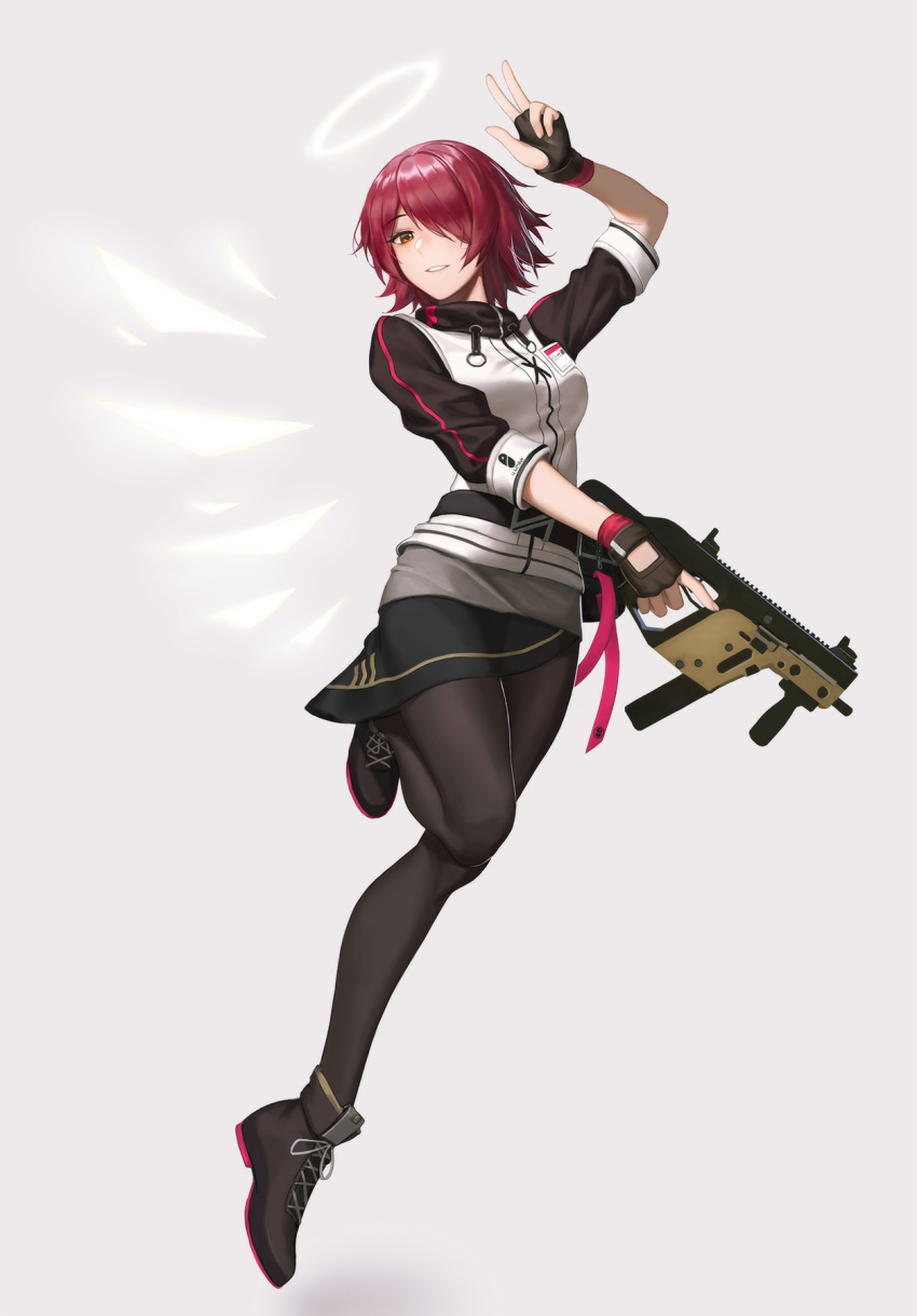 arknights, bita_(vaderc), black_gloves, energy_wings, exusiai_(arknights), fingerless_gloves, gloves, grey_hoodie
