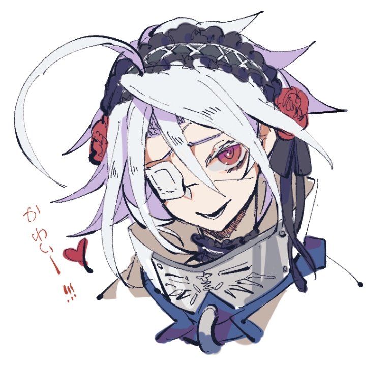 1girl, ahoge, akilico, blazblue, braid, cape, collared_cape, eyepatch, flower, gothic, gothic_lolita, halloween, headband, heart, huge_ahoge, lolita_fashion, long_hair, medical_eyepatch, messy_hair, nu-13, red_eyes, rose, silver_hair, single_braid, smile, solo, spoken_heart, very_long_hair, white_hair, yandere
