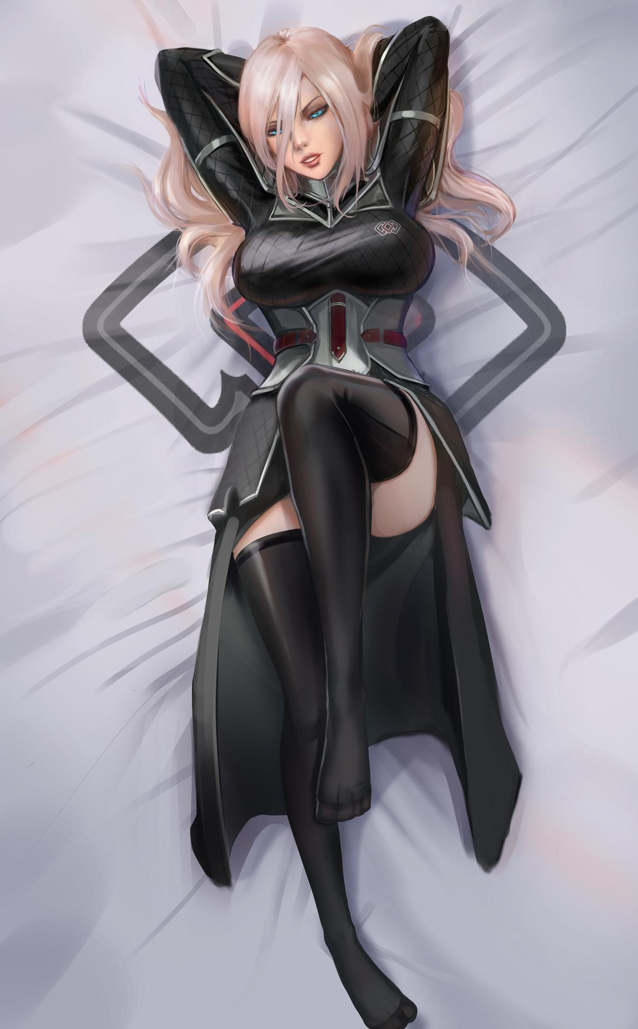 1girl, angelise_reiter, armor, armored_dress, black_dress, black_legwear, blue_eyes, borrowed_character