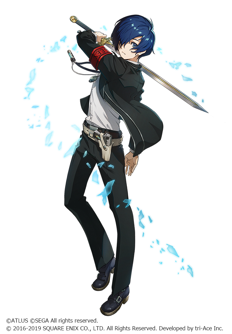 1boy, armband, atlus, black_footwear, black_jacket, black_pants, blue_eyes, blue_hair, closed_mouth, dress_shirt, eito_nishikawa, full_body, hair_over_one_eye, holding, holding_sword, holding_weapon, holster, jacket, long_sleeves, looking_at_viewer, male_focus, megami_tensei, open_clothes, open_jacket, pants, persona, persona_3, sega, shiny, shiny_hair, shirt, short_hair, simple_background, solo, square_enix, sword, tri-ace, weapon, white_background, white_shirt, yuuki_makoto