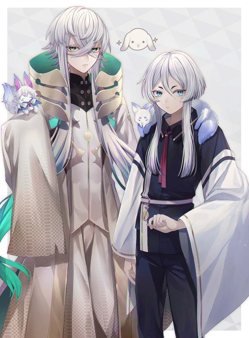 2boys, abandon_ranka, animal, animal_on_shoulder, asclepius_(fate/grand_order), blue_eyes, crossover, fate/grand_order