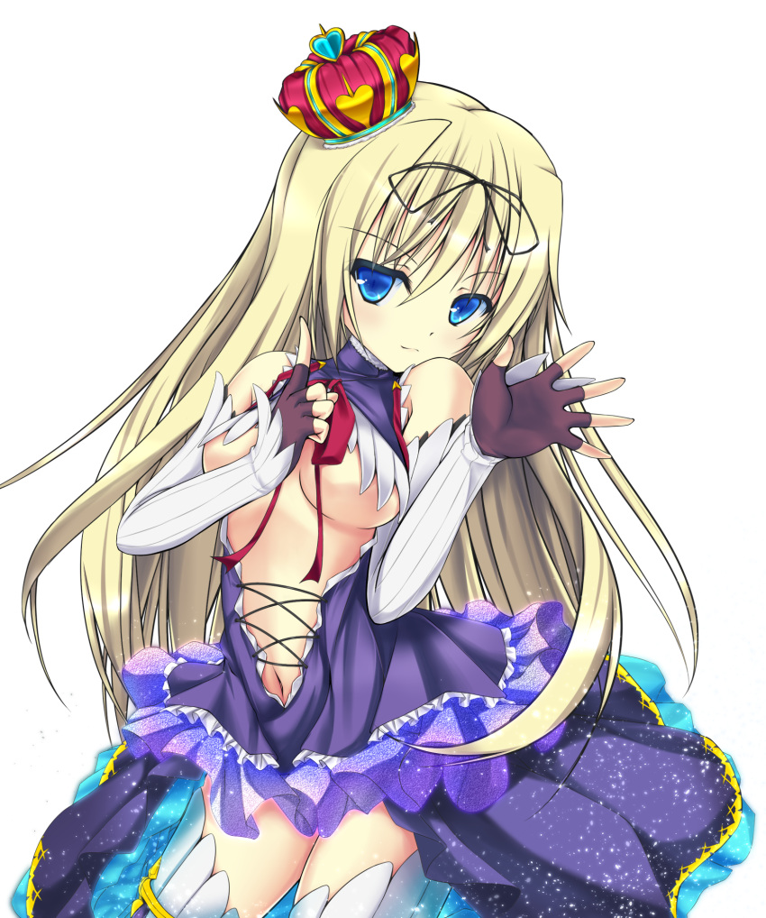 1girl, arm_warmers, black_gloves, black_ribbon, blonde_hair, blue_eyes, breasts, cornelia_(sennen_sensou_aigis)
