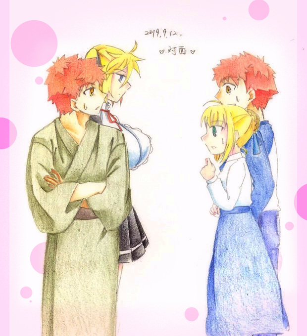 2boys, 2girls, ahoge, angelica_ainsworth, artoria_pendragon_(all), bangs, blonde_hair, blouse
