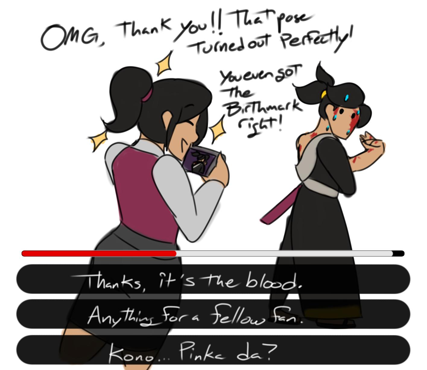 1boy, 1girl, black_hair, blood, blood_on_face, blood_splatter, bloody_clothes, camera