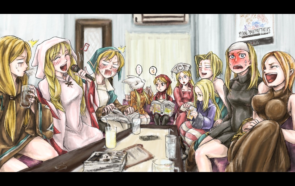 black_mage_(fft), blonde_hair, blue_eyes, blush, book, brown_hair, chemist_(fft), closed_eyes
