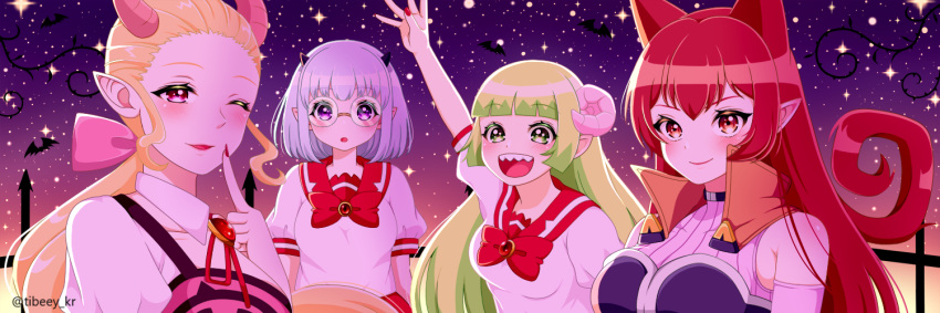 4girls, babyls_school_uniform, character_request, choker, commentary_request, green_eyes, green_hair, hair_ribbon