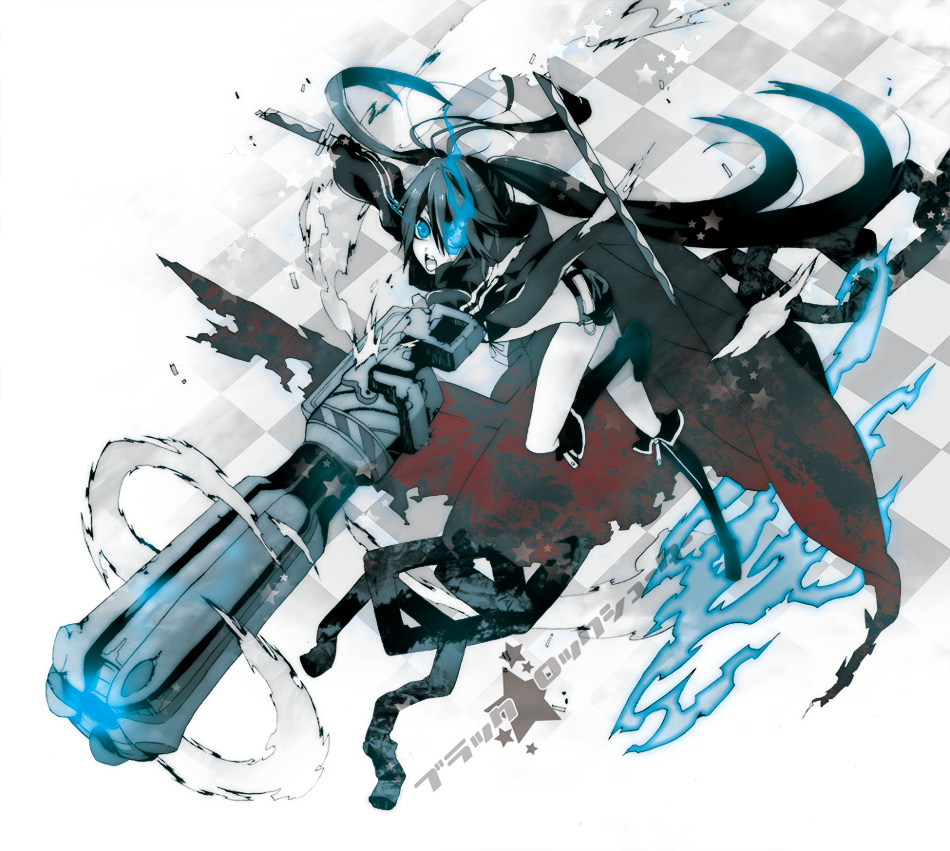 arm_cannon, black&acirc;&tilde;&hellip;rock_shooter, black_hair, black_rock_shooter, black_rock_shooter_(character), blue_eyes, boots, chain