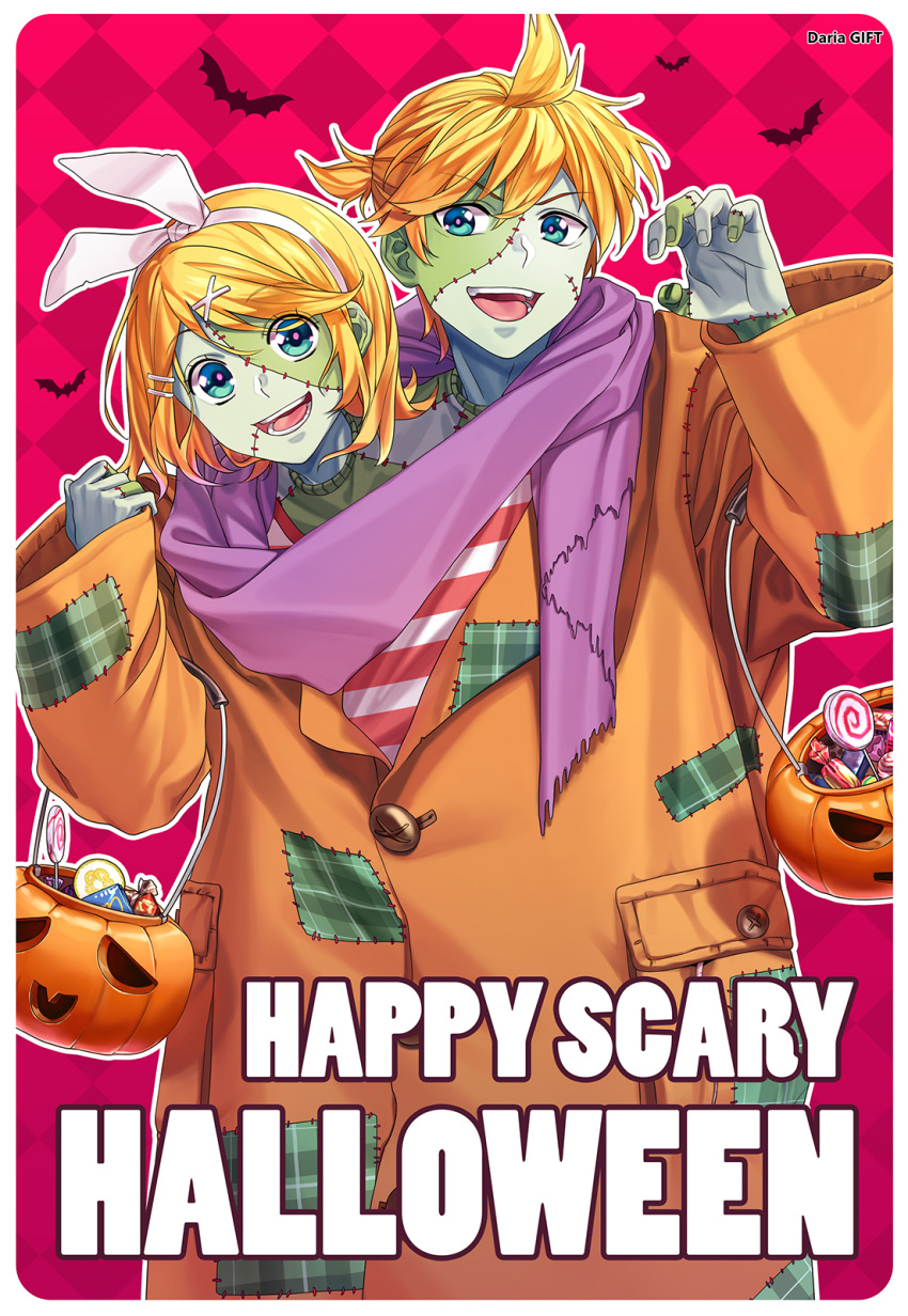 1boy, 1girl, bat, blonde_hair, blue_eyes, bucket, candy, checkered, checkered_background, claw_pose, coat, commentary, cosplay, dariagiftstuff, english_commentary, english_text, food, frankenstein's_monster, frankenstein's_monster_(cosplay), green_skin, halloween, hand_up, happy_halloween, highres, jack-o'-lantern, kagamine_len, kagamine_rin, lollipop, looking_at_viewer, open_mouth, orange_coat, plaid, poster_(object), scarf, shirt, siblings, smile, stitched_face, stitched_fingers, stitches, striped, striped_shirt, twins, v-shaped_eyebrows, vocaloid