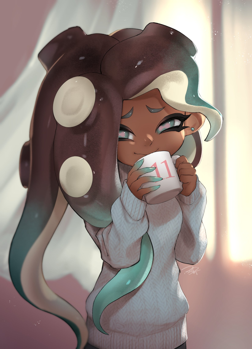 1girl, aqua_eyes, aqua_hair, aqua_skin, brown_hair, cephalopod_eyes, cup, dark_skin